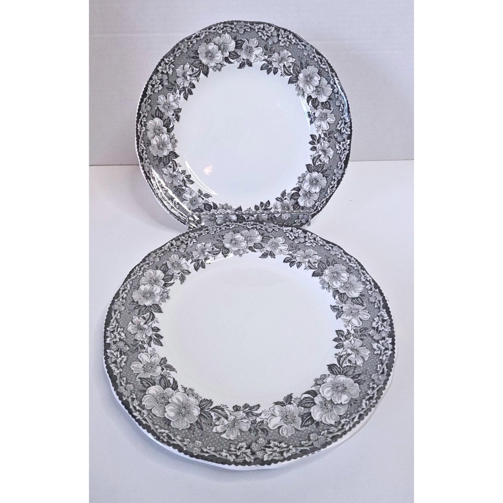 Enoch Wedgwood Tunstall Malverne Black White Floral Dinner Plates Set of 2 10in